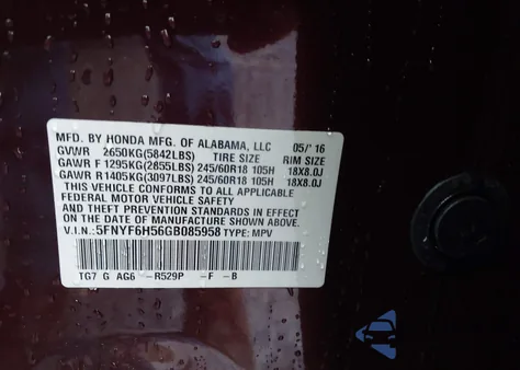 2016 Honda Pilot Ex-L from USA, damaged, VIN 5FNYF6H56GB085958